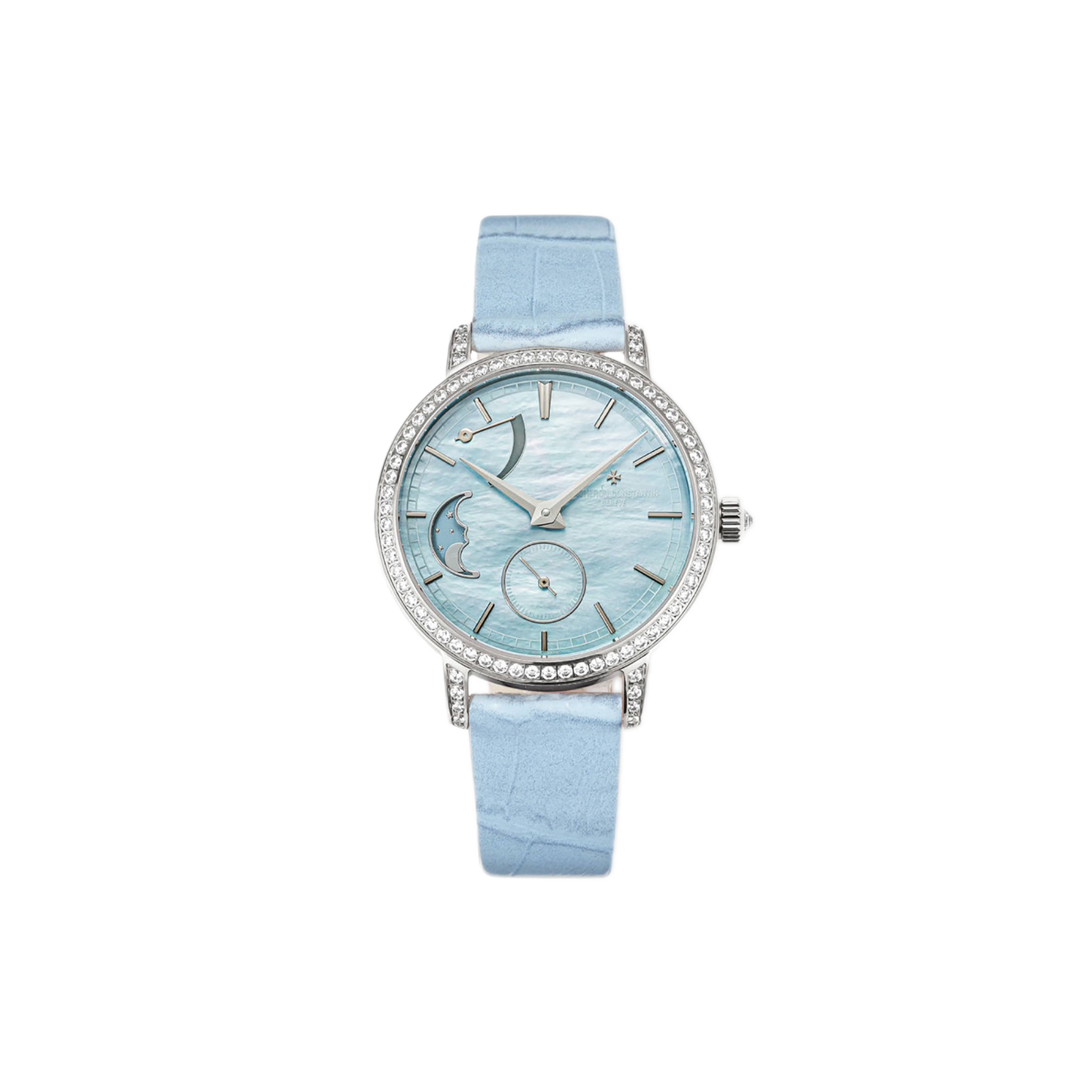 vacheron Co*sta*t*n traditionelle moon phase blue mop dial with diamond bezel in white gold on blue leather strap watch 83570/000g-9916